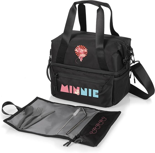PICNIC TIME Disney Minnie Mouse Tarana Lunch Bag Cooler with Utensils Made from Recycled Material, Lunch Box with Picnic Set, Upcycled Lunch Cooler Bag, (Carbon Black)
