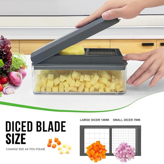 Vegetable Chopper, Onion Chopper Dicer, Mandoline Slicer with Container, Vegetable Cutter for Salad Potato Carrot Garlic（2 Blades, Grey）
