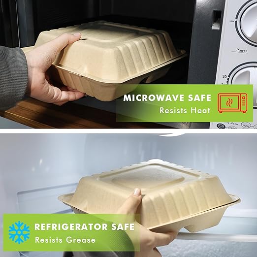 yoyomax [9x9-200Pack 100% Compostable To Go Food Containers with Lids, 3-Compartment Take Out Clamshell Container, Bio Disposable | Eco Friendly | Heavy-Duty Boxes, Made of Sugarcane Fibers