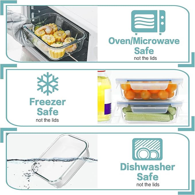 HOMBERKING 10 Pack Glass Meal Prep Containers, Glass Food Storage Containers with Lids, Airtight Glass Lunch Bento Boxes, BPA-Free & Leak Proof (10 lids & 10 Containers) - Deep Blue