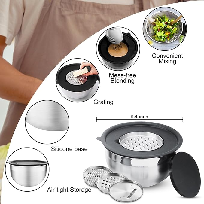 Menbyci 6 Pcs Mixing Bowls with Lids,Stainless Steel Mixing Bowls with 3 Grater Attachments,Kitchen Utensils,Mixing Bowl Set for Kitchen Mixing Baking Prepping Cooking Serving,Black