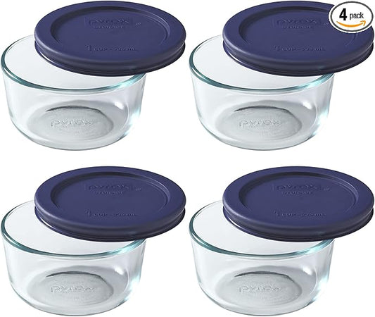 Pyrex (4) 7202 1-Cup Glass Bowls & (4) Pyrex 7202-PC 1-Cup Dark Blue Lids Made in the USA