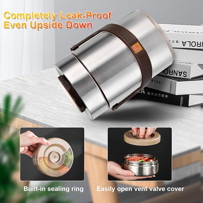 67 oz Adults Stainless Steel Vacuum Insulated Wide Mouth Soup Food Thermo Hot Food Jar with Keep Thermal Portable 3 Tier Stackable Bento Hot Food Containers Lunch Boxes (67 oz Silver)