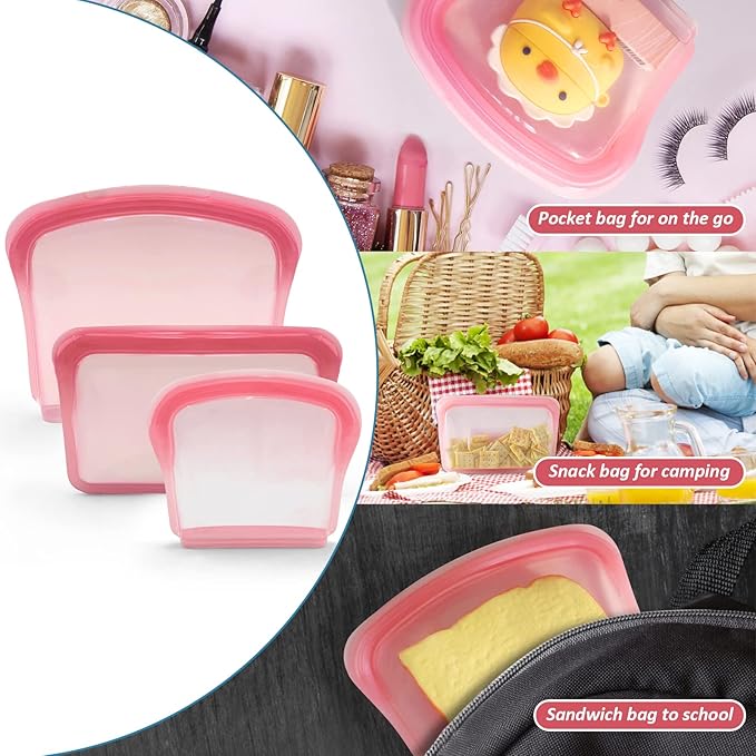 KVK Platinum Reusable Silicone Bags - Flat Silicone Pocket Snack Sandwich Bags - Double Lock Leakproof Silicone Food Storage Bags Oven Freezer Dishwasher Safe - Lavender