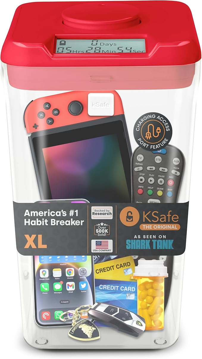 Kitchen Safe Phone Lockbox & Snack Lock Box with Timer (XL) - KSafe Timed Lock Box for Cell Phones, Food Time Locking Container for Habit Formation (Red Lid + 12.3” Clear Base with Access Port)