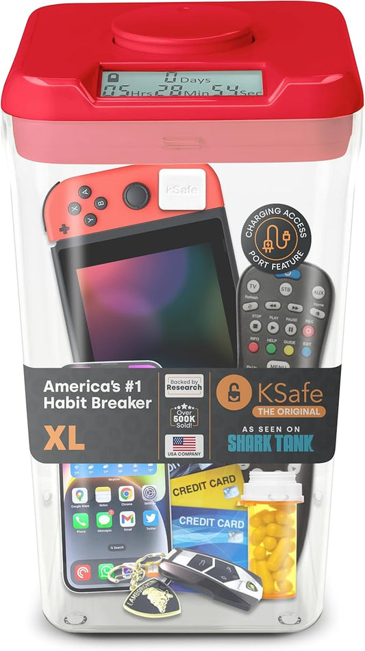 Kitchen Safe Phone Lockbox & Snack Lock Box with Timer (XL) - KSafe Timed Lock Box for Cell Phones, Food Time Locking Container for Habit Formation (Red Lid + 12.3” Clear Base with Access Port)