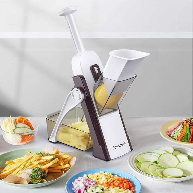 Safe Mandoline Slicer for Kitchen, Adjustable Thickness 0.1-8 mm, 5 in 1 Multi Vegetable Chopper, Potato Slicer, Food Chopper French Fry Cutte, with Paring Knife/Cleaning Brush, Mandolin (Brown)