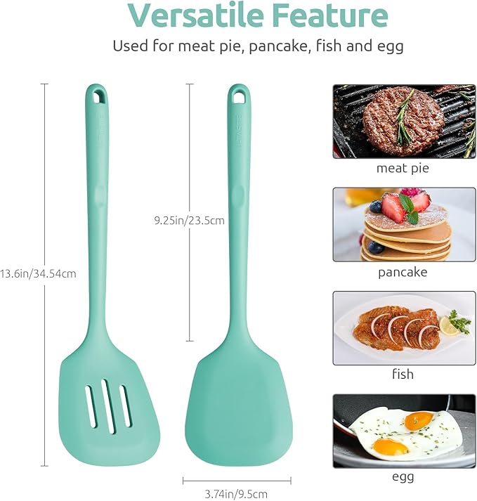 18/8 Stainless Steel Measuring Spoons Set for Dry and Liquid Ingredients (Set of 8), and 600ºF Heat Resistant Silicone Turners, 13.6in Long Solid & Slotted Kitchen Spatula (Aqua Sky)
