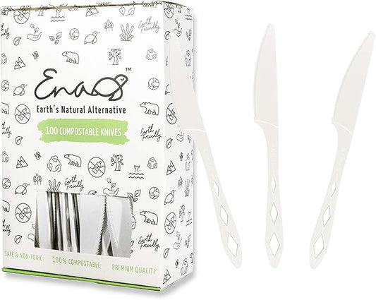 100% Compostable Non Plastic Knives [100 Pack] CPLA Disposable Knives. Non Plastic Silverware Set. Eco-Friendly Cutlery, Off White Flatware, Extra Sturdy Utensils, by Earth's Natural Alternative