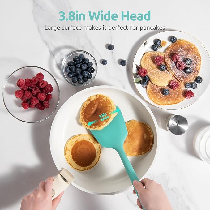 18/8 Stainless Steel Measuring Spoons Set for Dry and Liquid Ingredients (Set of 8), and 600ºF Heat Resistant Silicone Turners, 13.6in Long Solid & Slotted Kitchen Spatula (Aqua Sky)