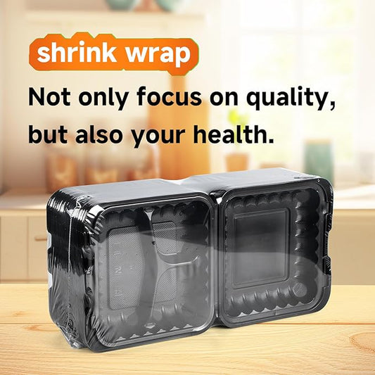 YANGRUI To Go Containers, Reusable 65 Pack 7.8 Inch BPA Free Black Clamshell Food Container 30 oz Shrink Wrap 3 Compartment Freezer and Microwave Safe MFPP Take Out Boxes