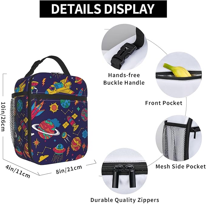 Insulated Lunch Box for Boys Girls Kids Adults Space Lunch Box for Work,Picnic,School,Travel,Hiking,Beach or Fishing Polyester Colorful Spaceship Space Theme Lunch Bag