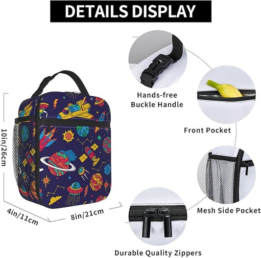 Insulated Lunch Box for Boys Girls Kids Adults Space Lunch Box for Work,Picnic,School,Travel,Hiking,Beach or Fishing Polyester Colorful Spaceship Space Theme Lunch Bag