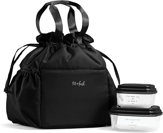 Fit & Fresh Lunch Bag For Women, Insulated Womens Lunch Bag For Work, Stain-Resistant Large Lunch Box For Women With Containers, Cinch Closure Cromwell Bag, Black