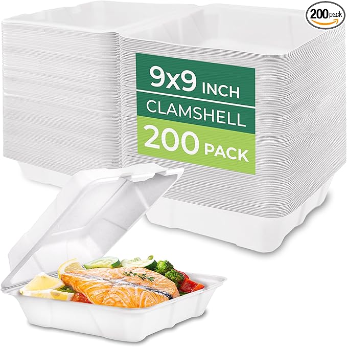 Freshware Clamshell Take Out Food Containers with Lids [9x9 200-Pack] Disposable To Go Containers, Biodegradable Sugarcane To Go Boxes - Paper Food Container - Microwave & Freezer Safe, Stackable
