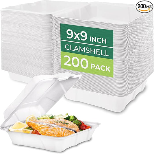 Freshware Clamshell Take Out Food Containers with Lids [9x9 200-Pack] Disposable To Go Containers, Biodegradable Sugarcane To Go Boxes - Paper Food Container - Microwave & Freezer Safe, Stackable