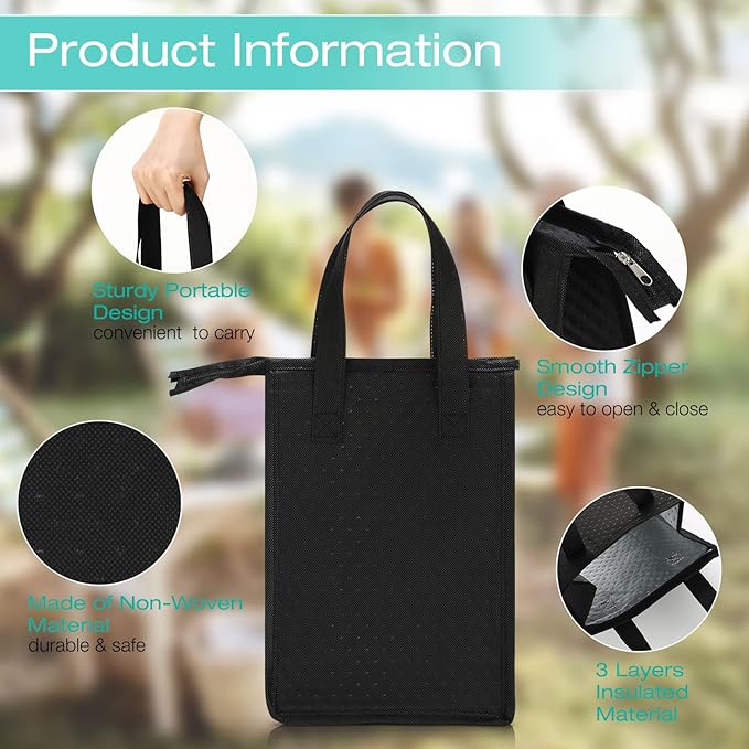 15 Pieces Insulated Lunch Bags Cooler Lunch Tote Bag Bulk with Zipper Thermal Leakproof Lunch Bags for Women Men Work Office School Travel Picnic(Black)