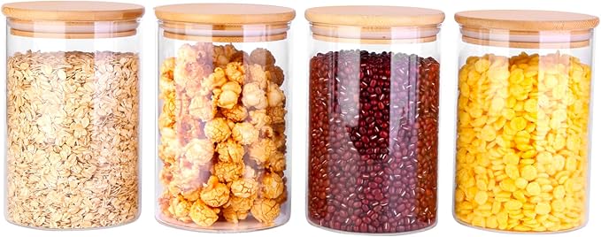 Glass Food Jars with Lids,37oz Glass Storage Containers with Airtight Bamboo Lids,Round Glass Canister Set of 4, Pantry Organizers and Storage for Cookie Flour Oat Pasta Tea Coffee Bean