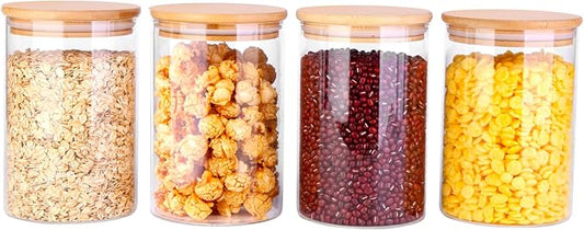 Glass Food Jars with Lids,37oz Glass Storage Containers with Airtight Bamboo Lids,Round Glass Canister Set of 4, Pantry Organizers and Storage for Cookie Flour Oat Pasta Tea Coffee Bean