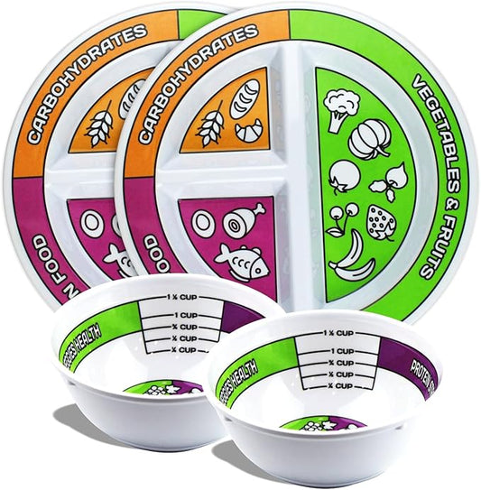 Portion Control Bariatric Plates and Bowls Set of 2 (4pcs Total) - Self-Measuring Plates and Bowls for Weight Loss, Gastric Bypass Surgery, LapBand, Diabetes and Healthier Diets, for Adults & Children