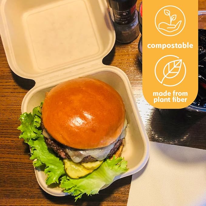 100% Compostable Disposable Food Containers with Lids [6”X6” 500 Pack] Eco-Friendly Take-Out TO-GO Containers, Heavy-Duty, Biodegradable, Unbleached by Earth's Natural Alternative