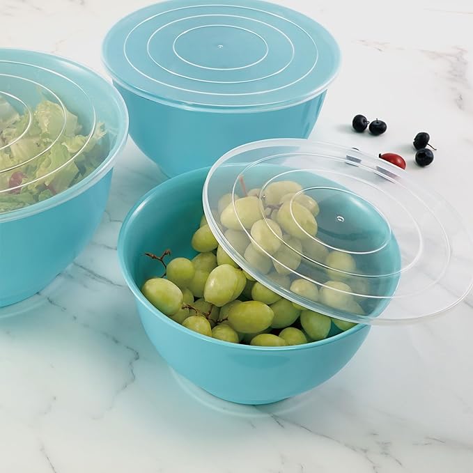 TP Mixing Bowls with Lids, 6-Piece Nesting Melamine Bowls Set for Prepping Serving Baking Cooking, Non Slip Bottom, Set of 3, Glossy Turquoise