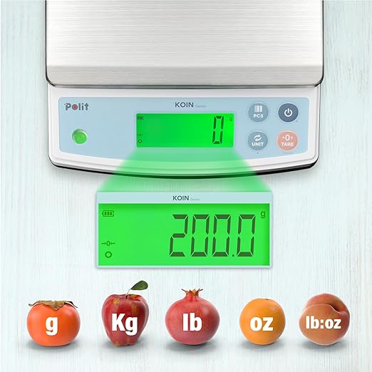 Polit Food Kitchen Scale KOIN, 40lb/18Kg Digital Kitchen Scale Grams Ounces 1g/0.04oz Accuracy, LCD Display, Rechargeable, 5 Weight Unit (with Power Adaptor)
