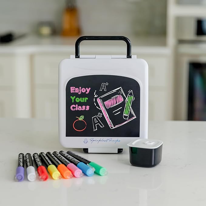 Chalkboard Kid Lunch Box for Girls & Boys - Leak-Proof Kids Lunchbox with Removable Compartment Tray, Lid Container & Utensils - BPA-Free Lunch Box Containers for Kids for School, Daycare - White