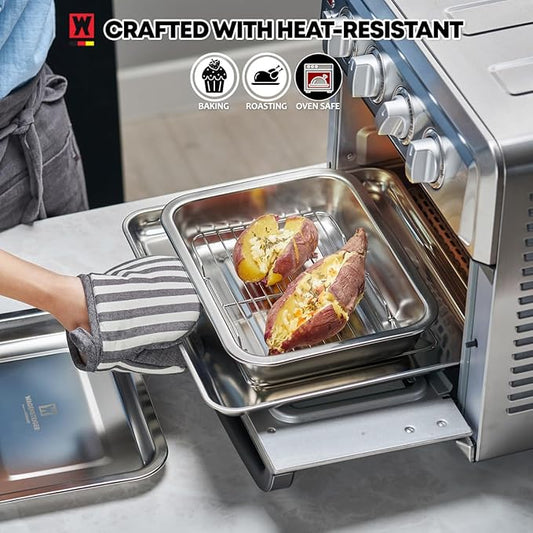 Stainless Steel Steam Table Pan with Rack & Lid (Tray), 2.96Quarts, Catering Pans, Restaurant Pans, Buffet Party Pans, Roasting Pan with Rack, Bakeware Roaster, Food Prep Container (1303 / No3)