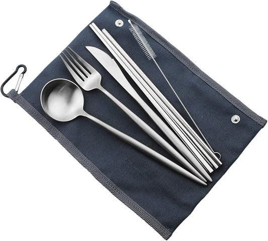 Reusable Travel Utensils, 7 Pieces Portable 18/10 Stainless Steel include Knife Fork Spoon Chopsticks Cleaning Brush Straws Portable Pouch, Eco-friendly Camping Silverware Set, Dishwasher Safe