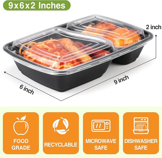 Eupako 55 Sets 32 oz Meal Prep Container Reusable - Plastic-Food-Storage-Containers-with-Lids, Disposable To Go Containers, Portion Control - Microwave, Dishwasher, Freezer Safe (2 Compartment)