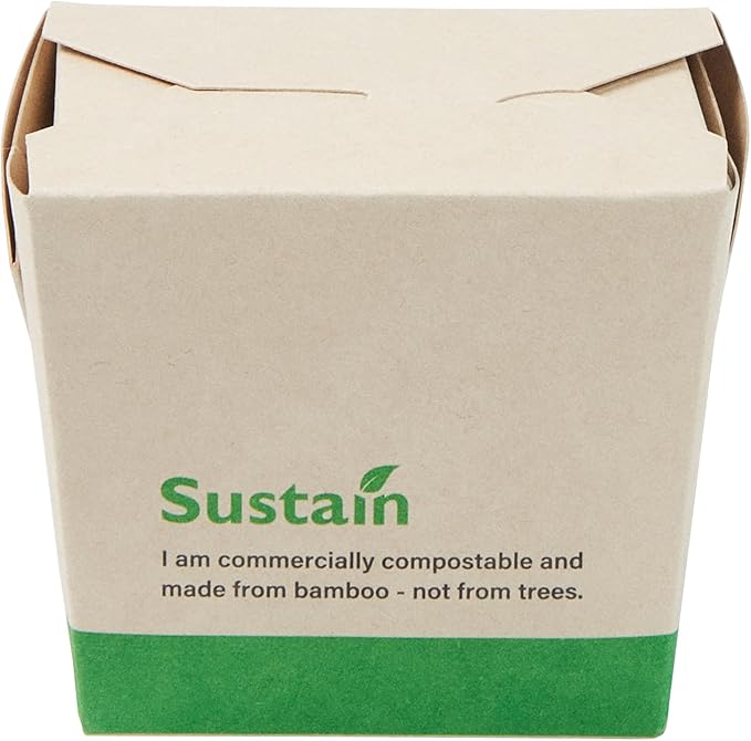 Restaurantware Sustain 8 Ounce Sturdy Paper Take Out Boxes, 200 Disposable Take Out Food Containers - With PLA lining, Compostable, Bamboo Paper Containers, Built-In Tab-Lock Cover, Greaseproof