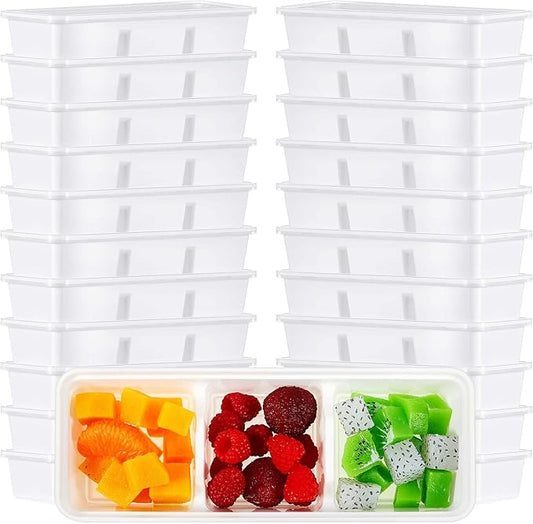 Hushee 100 Pack 17 oz Small Meal Prep Containers 3 Compartments with Lids, Disposable Plastic Bento Boxes Reusable Stackable Food Containers Travel Lunch Boxes for Office, Picnic (White)