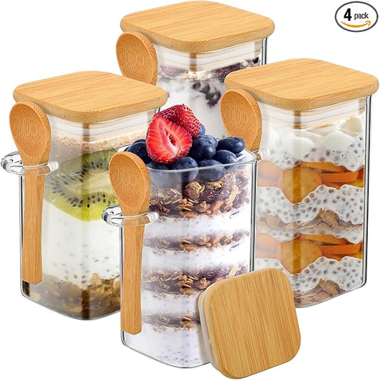 Pickmesh 4 Pcs Overnight Oats Containers with Lids Overnight Oats Jars Oatmeal Cups Square Glass Meal Prep Container with Bamboo Lids and Spoons Glass Jar for Pudding Yogurt (Square Style,16oz)
