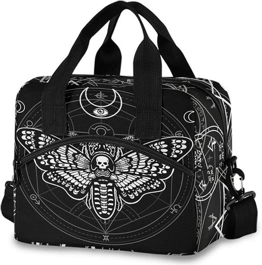MNSRUU Insulated Lunch Bag - Black Skull Moth Lunch Box with Adjustable Shoulder Strap - Reusable, Leakproof Cooler Bag for Work, School