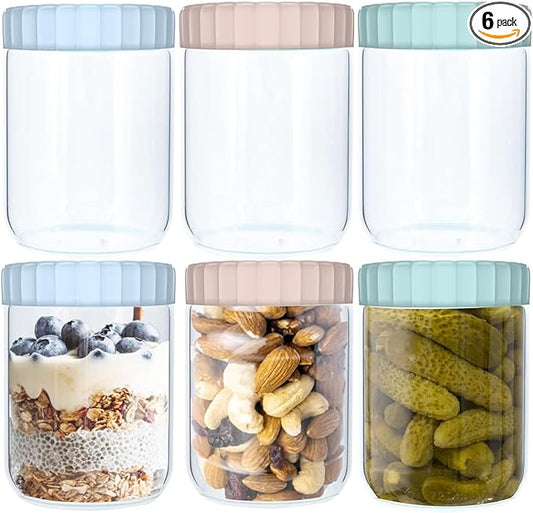 6 Pack 16Oz Glass Jars with Lids, Overnight Oats Containers with Lids, Wide Mouth Mason Jar Reusable Airtight Glass Food Storage Containers for Snacks Salad Yogurt Cereal Meal Prep Leak Proof