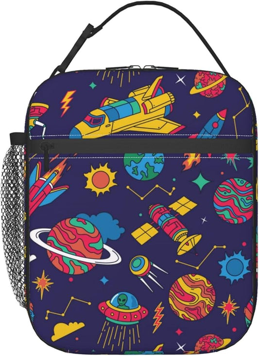 Insulated Lunch Box for Boys Girls Kids Adults Space Lunch Box for Work,Picnic,School,Travel,Hiking,Beach or Fishing Polyester Colorful Spaceship Space Theme Lunch Bag