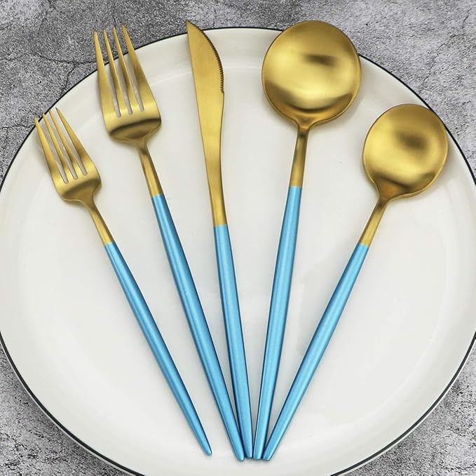 20-Piece 18/10 Stainless Steel Flatware Silverware, Luxury Dinnerware Set Travel Cutlery Tableware Include Knife Fork Spoon Service for 4, Dishwasher Safe (Blue Handle Matte Gold)