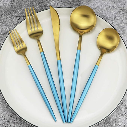 20-Piece 18/10 Stainless Steel Flatware Silverware, Luxury Dinnerware Set Travel Cutlery Tableware Include Knife Fork Spoon Service for 4, Dishwasher Safe (Blue Handle Matte Gold)