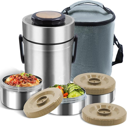 67oz Thermos for Hot Food,3-Layer Sealed Stackable Food Thermos,with Lunch Bag Soup Thermos Wide Mouth,It Is Suitable for Daily Office Meals, and Outdoor Meals (Silver)