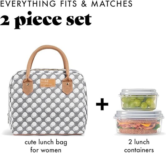 Fit & Fresh Bloomington Adult Insulated Lunch Bag with Carry Handles, Complete Lunch Kit Includes 2 Reusable Food Containers, Grey Dot