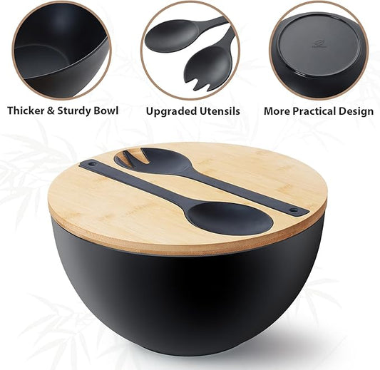 11.3" Extra Large Salad Bowl with Wooden Lid & Servers, 208Oz, Oversized Bamboo Fiber Salad Serving Set with Utensils for Home/Kitchen, Big Lightweight Bowl for Mixing Salad,Fruit,Pasta - Matte Black