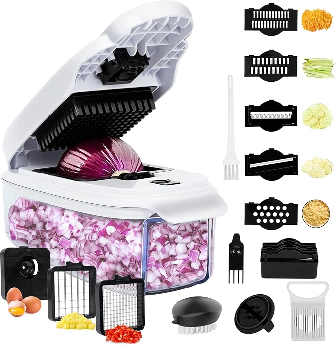 Baby Food Chopper with Ultra-Thin 2mm Slicer, Apple Grater & Egg Separator for Keto Diet & Fitness (White & Black 10in1)