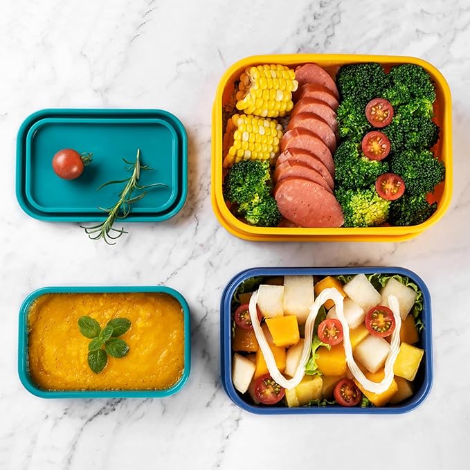 Silicone Food Storage Containers with Lids Set 4 Sizes and Silicone Containers,For Freezing, Bento Boxes, Snack Boxes,Freezer preservation Leak Proof (1, Rectangular)