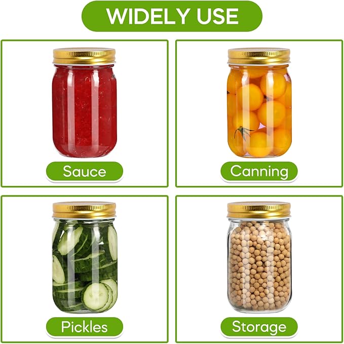 Mason Jars 16 oz with Gold Lids, 15 Pack Canning Jars, Clear Regular Mouth Glass Jars for Canning and Fermenting, Labels & Brusher Included - Microwave & Dishwasher Safe