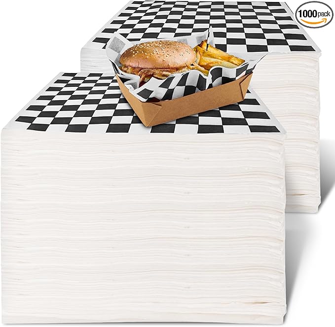 Deli Paper Sheets (1000 Count) 12-Inch Black Checkered Square Sandwich Wrapping Paper Grease Resistant Perfect for Concession Stand, Carnival, Party, Fast Food, Cheese, Basket Liner and Food Packaging