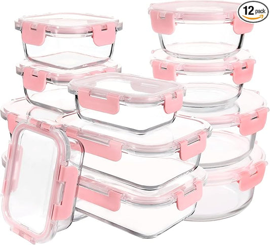 Glass Meal Prep Containers Set of 12 Food Storage Containers for Lunches, Dishwasher Safe, Pink