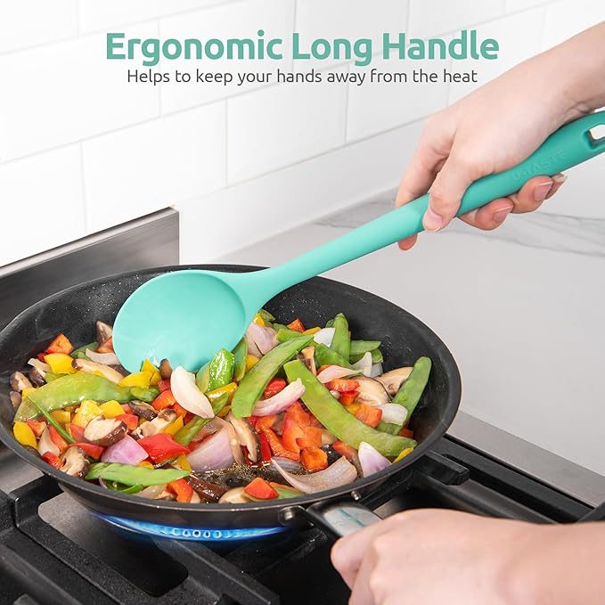 18/8 Stainless Steel Measuring Spoons Set for Dry and Liquid Ingredients (Set of 6), and 600℉ Heat Proof Long Non-Scratch Silicone Solid & Slotted Set of 2 Cooking Spoon for Mixing (Aqua Sky)