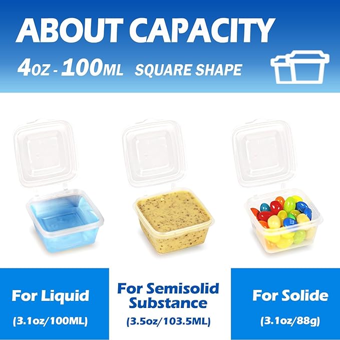 4 oz Plastic Containers with Lids(200 Pack)，Condiment Containers with Lids, Portion Cups, Jello Shot Souffle Sauce Cups (Square)