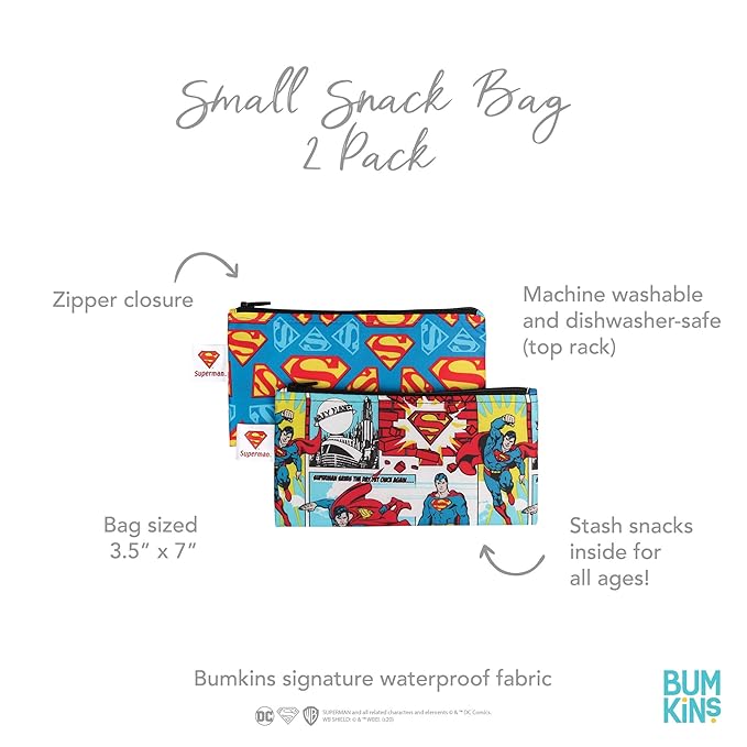 Bumkins Reusable Snack Bags, for Kids School Lunch and for Adults Portion, Washable Fabric, Waterproof Cloth Zip Bag, Supplies Travel Pouch, Food-Safe, 2-pk Superman DC Comics